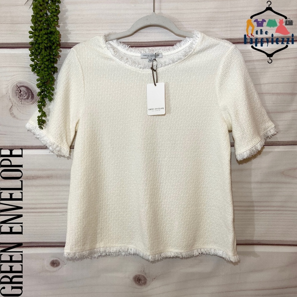 Green Envelope White Textured Raw-Edge Top S